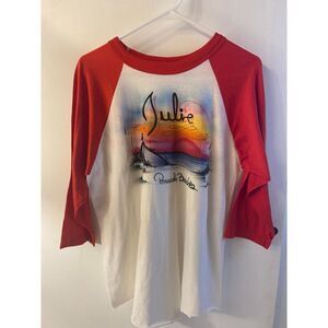 Vintage 80’s Airbrush beach baseball t shirt “Julie” large red white 1982
